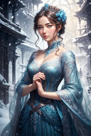 It's realistic (((illusion))) Set against the backdrop of an icy castle, enchanted in winter, and a frozen rose garden, the artwork should consist of various shades of cool blue. There is a lot of snow. Generate proud woman, (((super delicate face))), Dressed in the pleats of a dazzling French silk ball gown. The graceful face of a woman ((((highly detaild, Realistic and smooth features, Puffy lips.)))) Ball gowns are decorated with ruffles, track, And Archiwa, But in essence, Hand-embroidered torso. The corset has a silk ribbon,  She is wearing a Victorian royal winter robe, The wonderful eyes of a woman are beautifully depicted, With realistic shades and a wide range of colors, And with high resolution. The woman is in the garden of the eternal rose, Each of them is beautifully formed and very detailed. These realistic roses feature shimmering sky blue shades, dark blue, silver, and shimmering blue-violet. The eternal rose is a deep shade of periwinkle with shimmering iridescent hues and bass. Check the woman's face, heads, And the eyes are perfect. 真实感, high fantasy, Whimsical fantasy, Storybook fantasy, Fairytale fantasy, Fantasy Details, Enchantress, Enchantress, 8K, hire, CGI, digital painting, unit, unreal-engine, (((Master Part))), intrikate, graceful, highly detaild, majestueux, digital photography, Arte de Artgerm e Ruan Jia e Greg Rutkowski, (Master Part, beautiful-detailed eyes: 1.2), HDR, Realistic Skin Textures, (((1woman))), (((solo))), Includes highly detailed faces, super delicate face, And an interesting background.nijistyle