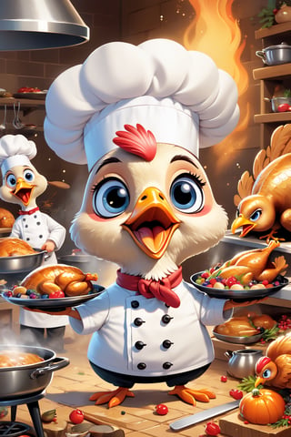 perfect-composition, Perfect pictorial composition, Brand advertising, Creative poster, Cute Anthropomorphic turkey chef is cooking roasted turkey, Made by Pixar, pixar style, 3d Rendering, Focus sharp, Fluffy, fantasy engine, 5 quality rendering, 3d Rendering, furry art, cartoon artstyle, cute cartoon style, Cute art style, Cartoon style, Cartoon style illustration, Digital art of cartoons, Cute digital art, Cute anime , Chibi, an anime drawing, pop-art, Cartoon style illustration, Head large, kawaii eyes, Glitter eyes, Sparkling eyes, kawaii faces, Innocent face,