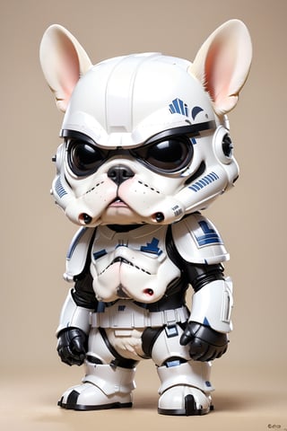 chibi, perfect-composition, Perfect pictorial composition, Creative poster, Cute, Cute Star Wars White Stormtrooper, wearing Mask and helmet, cartoon, anthropomorphic french bulldog, (Detailed French Bulldog Appearance）