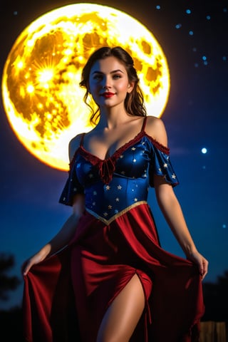 (RAW photo, best quality), best quality, masterpiece, beautiful and aesthetic, 16K, (HDR:1.4), high contrast, (vibrant color:1.4), (muted colors, dim colors, soothing tones), cinematic lighting, ambient lighting, Exquisite details and textures, 1girl, solo focus, petite vampire girl wearing a thin revealing silk tunic poses in the full moon, plunging neckline, open side dress, pelvic curtain, serene expression, smiling, raised eyebrow, dramatic lighting, dramatic angle, cowboy shot, Stylized, western, disney, Night, Sky, Stars, Star, Starry Sky, Beauty, Galaxy, Galaxies, Water, Reflection, Reflective, Glass, Girl, POV, Moon, Stars, Nighttime, Scenery,ladyshadow,scenery