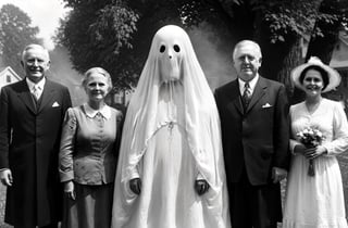 ultra high-quality photo,8k, hyper-realistic, Halloween style, full body, tall transparent ghost, posing a picture with local peoples, captured in black and white, 1900s photograph, detailed, gelatin silver print, add noise, old photo effect, epic realism,detailmaster2,greg rutkowski