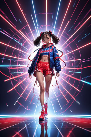 (Best quality, ultra detailed, masterpiece),  8k, super detailed, ((beautiful detailed)))1girl, hip pop clothes, Red basketball shoes, low angle shot, low angle, ground-level shot, full body, full body shot, lunge, nightclub, laser beam(Dynamic feeling:1.4),(concept art style:1.4), neon, neon sign, glowing,32k, octane render,neon style,simple background