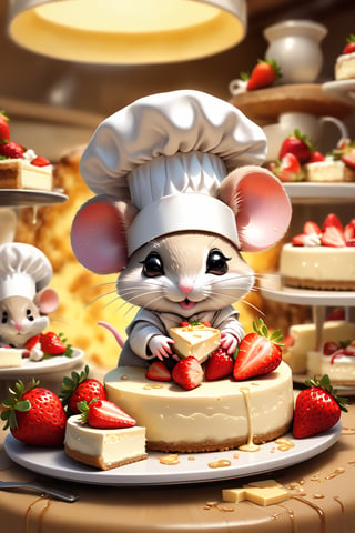 chibi, perfect-composition, Perfect pictorial composition, Creative poster, Cute, (mouse dressed as a chief), (mouse as chef), (Decorating a Really Delicious Cheesecake), (Cream cheese cake with strawberries), (messy table), (There are pieces of cheese scattered around.), (Best Quality:1.2), (Ultra-detailed), (Photorealistic:1.37), (HDR), (Vivid colors), (portrait of a), (Warm and bright color tones), (Soft diffuse lighting),food ,niji style