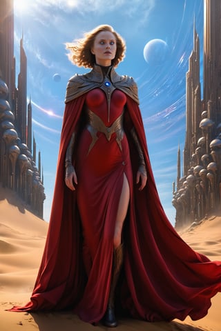 (Best quality), (masterpiece), (ultra detailed), (high detailed), (extremely detailed), Dune concept art, Clean and neat tones, Sci-fi base scene, Huge scene, a character from dune movie, a woman in a red dress standing in a church, light blue eyes, standing, outdoors, sky, day, cape, blue sky, buildings, scenery, cloak, pillar, statue, white cloak , sci fi, Dune style soldiers standing,LegendDarkFantasy