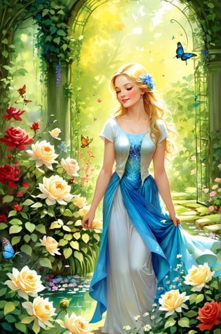 masterpiece, best quality, [detailed], [intricate], digital painting, Amidst the blooming colors and enchanting scents, an 21-year-old girl wandered through the beautiful botanical garden. Her radiant beauty matched the splendor of the flowers that surrounded her.
With her twinkling blue eyes and golden hair cascading like sunlit waterfalls, girl appeared as if she were a part of the garden's enchanting tapestry. Her laughter echoed through the pathways, as she embraced the magic of nature that enveloped her.
The botanical garden was her sanctuary—a place of solace and wonder. As she strolled through the meandering trails, she marveled at the diversity of flora, each bloom telling its own unique story.
Her love for plants was ingrained in her soul. From an early age, she found joy in nurturing her own garden at home, tending to each plant as if it were a cherished friend. Now, surrounded by the breathtaking beauty of the botanical garden, her passion blossomed even further.
She was drawn to the intricacies of every petal, every leaf, and every stem. The vibrant hues of the flowers ignited a symphony of emotions within her. With each step, she absorbed the serenity and harmony of the garden, leaving behind the worries of the outside world.
But her enchantment with the botanical garden extended beyond admiration. Armed with a small notebook and a pencil, she became an artist of nature. Sitting beside a bed of roses, she carefully sketched their delicate forms, capturing the essence of their elegance on paper.
The garden became her muse, and she spent countless hours immersed in its beauty. She painted vibrant watercolors, capturing the garden's ever-changing colors in her art. Her creations breathed life into the flowers, allowing others to experience the enchantment she found in the garden.
As she explored the winding paths, she discovered more than just flora. Birds sang melodious tunes from the treetops, and butterflies fluttered gracefully, adding to the garden's allure.