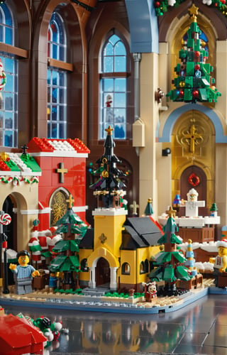 Lego brick scene, LEGO Creator, {a church made of LEGO, cartoon, disney style}, Surreal images, Christmas theme, Real-world scenarios, in 8k resolution,  Meticulous and minimalist environment, A highly detailed, Top  Quality, Artistic photography, cinematic texture , iOS 100, LEGO MiniFig, LEGO Creator,