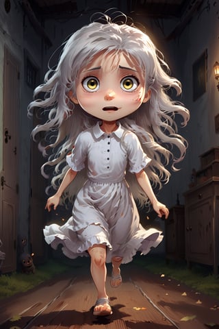 ((Best Quality, 8K, Masterpiece: 1.4)),Anime, white hair, long hair, gray silver white eyes, barefoot, white shirt, plain Gown, in a Haunted house horror, loli, kid, child, petite body, horror cinematic, scared, goriest monster, running away from the creepy monster behind her, 2D Animated CG Horror Movie style,chibi emote style