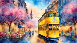 blue sidewalks, blue flowers, bright yellow trams, pink dreams, it’s like it’s drawn with chalk on the wall, this city is the best city on Earth, watercolor style, watercolor, intricate detail, retro style, bright colors, light background, hand-drawn, 4K resolution, centered