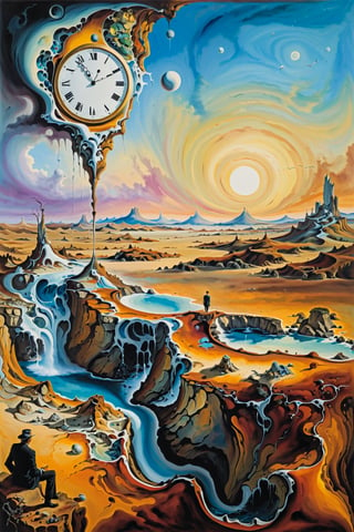 (Masterpiece), (Best Quality), (Ultra-detailed), Artistic painting, (Inspired by Salvador Dali's surrealist art), create a landscape with melting clocks, distorted figures, and a backdrop of swirling colors and shapes. The overall mood should be dreamlike and otherworldly. In the foreground, a man stands gazing out at the strange and wonderful scenery around him. His expression is one of fascination and curiosity, as if he's exploring a new world for the first time,