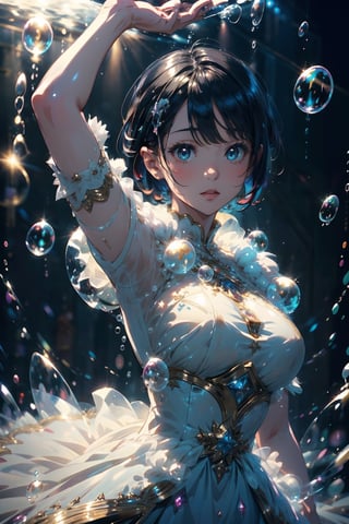 ((best quality, masterpiece, ultra detailed)),((extremely delicate and beautiful)), realistic, HD, ((short hair, shiny hair)), (lips), (shiny skin, shiny dress, focus on character) , solo, dynamic angle, full body, dynamic pose, (surprise), strong light input, sharp focus, blurred background, magic, illustration, anime, transparent, skin-tight, looking at the viewer, wet, inside a whirlwind, (((many bubble balls))), rem_re_zero, OuterWorldAI, starrystarscloudcolorful,glitter,More Detail,better_hands