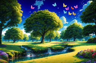 masterpiece, best quality, high quality, extremely detailed CG unity 8k wallpaper, An extremely colorful and purely fantasy environment with vibrant hues and a bright sky, landscape of bright green grass, colorful trees, glittering fruits, and bright blue flowers. The streams are a deep shade of blue, and the air is filled with sweet exotic scents. The environment appears to be taken out of a dream, with luminescent butterflies and giant colorful birds flying around, award winning photography, Bokeh, Depth of Field, HDR, bloom, Chromatic Aberration ,Photorealistic,extremely detailed, trending on artstation, trending on CGsociety, Intricate, High Detail, dramatic, art by midjourney,High detailed ,EpicArt,Color magic