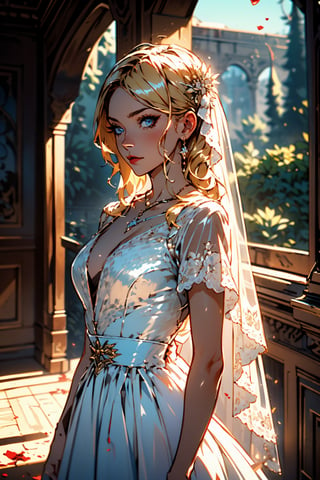((Best quality,masterpiece:1.3)), ultra high res,1girl, firearm, dress, blonde hair, veil, solo, jewelry, blood, necklace, blue eyes, blood on clothes, white, bridal veil, wedding dress, tree, building,(covered in  artstation),FAN ART style, colourful, beautiful, artstation, film mood, dramatic, oppressive lighting, shadows, cinematic atmosphere, sharp focus, ,highres