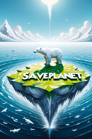 ("SAVE PLANET" text logo: 1.3), Origami, dripping paint, White Polar Bear standing on a tiny island made of waste in a vast ocean, full body portrait, wide scale lens,aw0k magnstyle,detailmaster2,Movie Still,TEXT LOGO