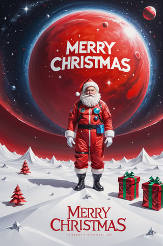 ("Merry Christmas" text logo: 1.3), Origami, dripping paint, ((Santa wearing red space-suits with bags of presents)) venturing into outer space to deliver presents to Aliens, full body portrait, wide scale lens, Text, aw0k magnstyle, ((Masterpiece))), Best Quality, light red painting, starry skies, (White background: 1.1), detailmaster2,Movie Still