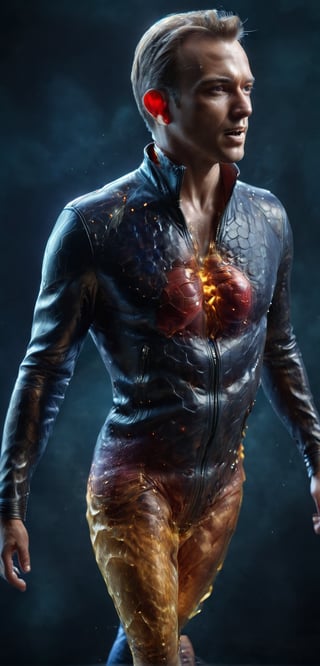 (super clear picture quality:1.8), masterpiece, best quality,
ultra-realistic mix fantasy, a man ((wearing an unzipped open leather jacket, vertical unzipped body, revealing an inner honeycomb pattern and a heart made of honeycomb:4)), symmetrical, Photorealistic, Hyperrealistic, Hyperdetailed, analog style, upper body shot, detailed skin, matte skin, soft lighting, subsurface scattering, realistic, heavy shadow, masterpiece, best quality, ultra realistic, 8k, golden ratio, Intricate, High Detail, film photography, soft focus in the style of dark azure and light azure, mixes realistic and fantastical elements, vibrant manga, uhd image, glassy translucence, vibrant illustrations, ultra realistic, mysterious, fantasy, very detailed, high resolution, sharp, sharp image, 4k, 8k, magic effect, (high contrast:1.4), dream art, diamond, mysterious colorful background, dark blue themes, real, holographic, holographic metal, machine, seethrough, glass art, magical holographic glow,xray,tranzp