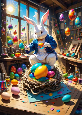 "Produce a super realistic painting in the classic painting style featuring Easterbunny crafting an incantation, (creating a little colorful magic egg in a nest:1.6), standing on an old carved table in a colorful factory laboratory. fantastic view. swirling ink, Masterpiece, (wide angle shot), warm and pleasant soft lighting, amazing sun, amazing depth of field, high detail, perfect accuracy, perfect composition. Ensure the image radiates high-quality details, capturing the essence of a whimsical and cute fluffy cute Easterbunny holding a magic egg in a colorful factory laboratory."