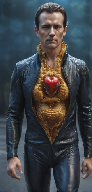 (super clear picture quality:1.8), masterpiece, best quality,
ultra-realistic mix fantasy, a man ((wearing an unzipped open leather jacket, vertical unzipped body, revealing an inner honeycomb pattern and a heart made of honeycomb:4)), symmetrical, Photorealistic, Hyperrealistic, Hyperdetailed, analog style, upper body shot, detailed skin, matte skin, soft lighting, subsurface scattering, realistic, heavy shadow, masterpiece, best quality, ultra realistic, 8k, golden ratio, Intricate, High Detail, film photography, soft focus in the style of dark azure and light azure, mixes realistic and fantastical elements, vibrant manga, uhd image, glassy translucence, vibrant illustrations, ultra realistic, mysterious, fantasy, very detailed, high resolution, sharp, sharp image, 4k, 8k, magic effect, (high contrast:1.4), dream art, diamond, mysterious colorful background, dark blue themes, real, holographic, holographic metal, machine, seethrough, glass art, magical holographic glow,xray,tranzp