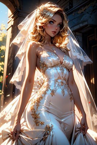((Best quality,masterpiece:1.3)), ultra high res,1girl, firearm, dress, blonde hair, veil, solo, jewelry, blood, necklace, blue eyes, blood on clothes, white, bridal veil, wedding dress, tree, building,(covered in  artstation),FAN ART style, colourful, beautiful, artstation, film mood, dramatic, oppressive lighting, shadows, cinematic atmosphere, sharp focus, 
