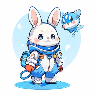 cartoon white rabbit in a blue and orange spacesuit, blue Helmet, centered, full body, no_humans, Depth of field, ((empty background)), ((whitebackground)), (kawaii:1.3), (anime:1.4), cute, round eyes, (8K, RAW photo, Best quality, masterpiece:1.2),  Logo, vector, Line graphics, design, mascot concept, "tenten", inspiration, straight line, symmetry