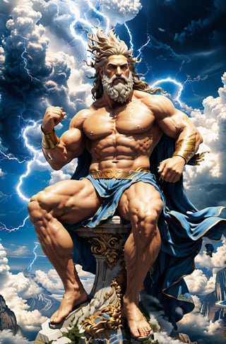 Create a photorealistic image featuring the Greek gods Zeus, the majestic figure of Zeus, ruler of the heavens, as he sits upon his throne of clouds, his lightning bolt in hand, ready to strike down any who dare challenge his divine authority.  Zeus should be portrayed with his distinctive attributes and symbols, such as Zeus with his {thunderbolt}. The background can be a {divine realm}, {Mount Olympus}, or a {mythical landscape} that reflects the realm of the gods. The camera angle can be a {medium shot}, capturing Zeus from a perspective that showcases his presence and individuality. The desired resolution for the image is {high definition}, with {crisp details} and {realistic textures} to bring out the divine qualities of the greek King of Gods, Zeus.