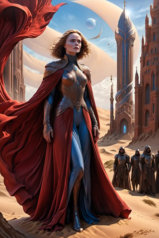 (Best quality), (masterpiece), (ultra detailed), (high detailed), (extremely detailed), Dune concept art, Clean and neat tones, Sci-fi base scene, Huge scene, a character from dune movie, a woman in a red dress standing in a church, light blue eyes, standing, outdoors, sky, day, cape, blue sky, buildings, scenery, cloak, pillar, statue, white cloak , sci fi, Dune style soldiers standing around woman,LegendDarkFantasy