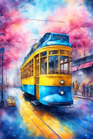 blue sidewalks, blue flowers, bright yellow trams, pink dreams, it’s like it’s drawn with chalk on the wall, this city is the best city on Earth, watercolor style, watercolor, intricate detail, retro style, bright colors, light background, hand-drawn, 4K resolution, centered