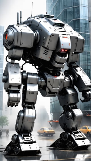 a robot with a gun in its hand, mech robot futuristic, mech shaped like a manatee, mech body, mech robot, full body mech, futuristic robot, concept robot, sci-fi mech, tank with legs, white mech bot, war robot, mech, military robot, battlemech, battle mech, tremendous mecha robot, humanoid mech, ed209, ED-209, ed 209, (dark silver dull metal alloy:1.4), (standing in front of tall glass building:1.3) with (reflection in windows:1.1), DieselPunkAI