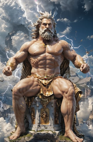 Create a photorealistic image featuring the Greek gods Zeus, the majestic figure of Zeus, ruler of the heavens, as he sits upon his throne of clouds, his lightning bolt in hand, ready to strike down any who dare challenge his divine authority.  Zeus should be portrayed with his distinctive attributes and symbols, such as Zeus with his {thunderbolt}. The background can be a {divine realm}, {Mount Olympus}, or a {mythical landscape} that reflects the realm of the gods. The camera angle can be a {medium shot}, capturing Zeus from a perspective that showcases his presence and individuality. The desired resolution for the image is {high definition}, with {crisp details} and {realistic textures} to bring out the divine qualities of the greek King of Gods, Zeus.