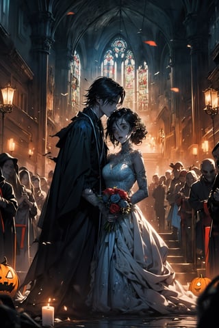 in the ruins of a gothic style church, the sacrament of marriage is being carried out between the bride and groom led by a priest, 2boys, 1girl (1girl bride, zombie, grayish-blue skin, long black hair, bare shoulders, torn wedding dress, torn bridal veil, torn elbow gloves.) (1boy groom, zombie, grayish-blue skin, torn black suit.) (1boy priest, jack-o-lantern head, skull, priest robe, priest outfits, raise hands.) Altar, skull, candel, green fire, black rose, ((ultra-detailed)), ((high resolution)), ((extremely detailed)), ((8k)), ((Detailed Scenery)), nightmare_night,more detail,midjourney,better_hands,hands