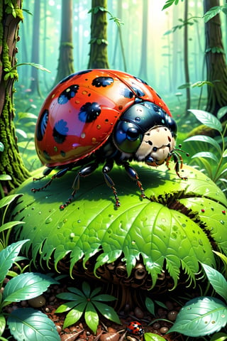 (Best quality, ultra detailed, masterpiece), Curious ladybug in the forest, 3d illustration