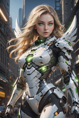 flying girl, (Flying:1.3),(thick body:1.3), (with long blond hair:1.3), Green Eyes, HDR (High Dynamic Range), Ray tracing, NVIDIA RTX, The ultra-Highres, Unreal 5, Subsurface scattering, PBR Texturing, Post-Processing, Anisotropic Filtering, depth of fields, ((full body shot:1.5)), Maximum Sharpness and Sharpness, multi-layered texture, Albedo and Specular maps, Surface Shading, Precise simulation of light-material interactions, octan render, Two-tone illumination, low ISO, white balance, rule of thirds, Wide Aperture, 8K Raw, efficient sub-pixel, sub-pixel convolution, (luminescent particles:1.4), {{Masterpiece, Best Quality, super detailed CG, Unity 8k wallpaper, 3d, Cinematic lighting, lens flares}},cyborg style,mecha