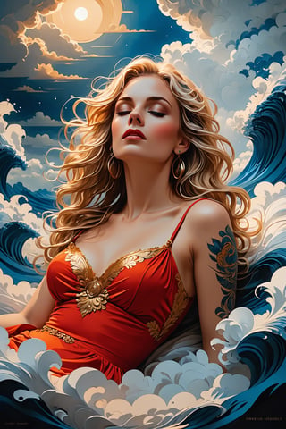 (masterpiece, best quality:1.4), stacked papercut art of in the depths of a mysterious blue abyss, a woman with striking tattoos sprawls across a floating cloud. she is adorned in a vibrant red and gold dress that contrasts against her black and white tattoos. her long blonde hair cascades down her back as she reclines on the cloud, seemingly lost in thought. beside her, an old, worn chest lies closed, its secrets locked away for eternity. the chest bears an inscription that reads: "once bound, now free." this phrase seems to capture the essence of this enigmatic scene a symbol of both constraint and liberation. a face, partially hidden behind a veil, appears in the background. it watches the woman with curiosity and fascination. its presence adds an element of intrigue, hinting at deeper stories and hidden meanings within this captivating tableau. the entire scene is shrouded in a hazy mist, giving it an ethereal quality that enhances its allure. despite the confinement of the cloud, the woman radiates an aura of  and strength, as if she has overcome whatever once bound her. the scene is a testament to resilience and the human spirit's capacity to transcend limitations. . 3d, layered, dimensional, depth, precision cut, stacked layers, papercut, high contrast