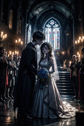 in the ruins of a gothic style church, the sacrament of marriage is being carried out between the bride and groom led by a priest, 2boys, 1girl (1girl bride, zombie, grayish-blue skin, long black hair, bare shoulders, torn wedding dress, torn bridal veil, torn elbow gloves.) (1boy groom, zombie, grayish-blue skin, torn black suit.) (1boy priest, jack-o-lantern head, skull, priest robe, priest outfits, raise hands.) Altar, skull, candel, green fire, black rose, ((ultra-detailed)), ((high resolution)), ((extremely detailed)), ((8k)), ((Detailed Scenery)), nightmare_night,more detail,midjourney,better_hands,hands