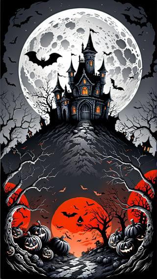 black and white, colouring book illustration style Halloween poster, pumpkins, bats, withered giant branches, red moon, ray tracing, stacked chests, castle black and White,detailmaster2,HellAI