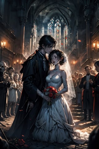 in the ruins of a gothic style church, the sacrament of marriage is being carried out between the bride and groom led by a priest, 2boys, 1girl (1girl bride, zombie, grayish-blue skin, long black hair, bare shoulders, torn wedding dress, torn bridal veil, torn elbow gloves.) (1boy groom, zombie, grayish-blue skin, torn black suit.) (1boy priest, jack-o-lantern head, skull, priest robe, priest outfits, raise hands.) Altar, skull, candel, green fire, black rose, ((ultra-detailed)), ((high resolution)), ((extremely detailed)), ((8k)), ((Detailed Scenery)), nightmare_night,more detail,midjourney,better_hands,hands