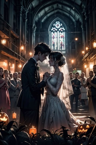 in the ruins of a gothic style church, the sacrament of marriage is being carried out between the bride and groom led by a priest, 2boys, 1girl (1girl bride, zombie, grayish-blue skin, long black hair, bare shoulders, torn wedding dress, torn bridal veil, torn elbow gloves.) (1boy groom, zombie, grayish-blue skin, torn black suit.) (1boy priest, jack-o-lantern head, skull, priest robe, priest outfits, raise hands.) Altar, skull, candel, green fire, black rose, ((ultra-detailed)), ((high resolution)), ((extremely detailed)), ((8k)), ((Detailed Scenery)), nightmare_night,more detail,midjourney,better_hands,hands