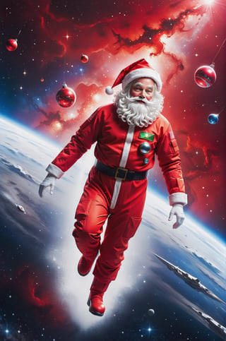 ("Merry Christmas" text logo: 1.3), Origami, dripping paint, ((Santa wearing red space-suits)) venturing into outer space to deliver presents to Aliens, full body portrait, wide scale lens, Text, aw0k magnstyle, ((Masterpiece))), Best Quality, light red painting, starry skies, (White background: 1.1), detailmaster2,Movie Still