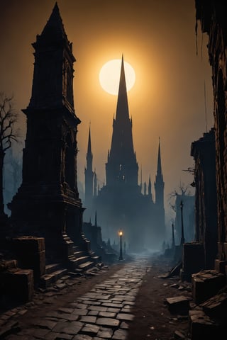  ((masterpiece)), ((best quality)), high detailed, ultra-detailed, indie game style "a ravaged cityscape of charred archways and twisted spires looms before a lone figure, an old mystic with sunken eyes and tattered black robes, as she stalks along a cracked path shrouded in sulfurous haze. the air is heavy with the scent of damp earth and decay, and the flickering torches that line the path cast eerie shadows on the ground. in the distance, the celestial obelisk rises like a monolith from the shadowlands, its burnished bronze surface etched with cryptic glyphs that seem to absorb the faint moonlight. the obelisk's rough hewn stones whisper secrets of forgotten knowledge to those who dare approach, as if the very essence of the unknown has converged within this forsaken city, beckoning seekers of truth and mystery to unravel its enigmatic heart." . creative, innovative, personal storytelling, unique art styles