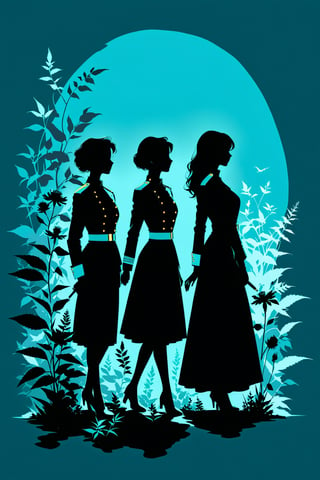 character silhouette, 3 women at a botanical garden, body in shadow, in military uniform, dark night, turquoise green background, Flat vector art,pencil sketch
