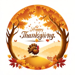 ("THANKSGIVING" text logo: 1.3),Maple tree in autumn landscape, golden mountain, fallen leaves, t-shirt design, vector art, circular silhouette, white background, a turkey holding a text: ("thanksgiving").,Leonardo Style