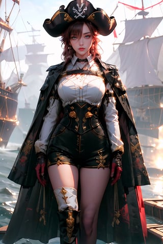 Original, steampunk, ((gear giant ship background, precision gear deck)), full body portrait, very detailed wallpaper, very detailed illustrations, (1 girl), perfect female body, beautiful eyes, (delicate face), (seductive expression), eyes, shock, ((pirate hat, pirate suit,)), (pirate, classical complex luxury pirate ship)), (red lips) (delicate and intricate black gloves), (fair skin), (best lighting), (super complex details), 4K unity, (( Super detailed CG), revealing fair legs, stockings, hot pants, shorts,
