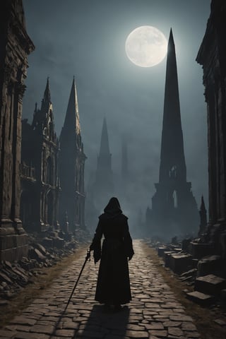  ((masterpiece)), ((best quality)), high detailed, ultra-detailed, indie game style "a ravaged cityscape of charred archways and twisted spires looms before a lone figure, an old mystic with sunken eyes and tattered black robes, as she stalks along a cracked path shrouded in sulfurous haze. the air is heavy with the scent of damp earth and decay, and the flickering torches that line the path cast eerie shadows on the ground. in the distance, the celestial obelisk rises like a monolith from the shadowlands, its burnished bronze surface etched with cryptic glyphs that seem to absorb the faint moonlight. the obelisk's rough hewn stones whisper secrets of forgotten knowledge to those who dare approach, as if the very essence of the unknown has converged within this forsaken city, beckoning seekers of truth and mystery to unravel its enigmatic heart." . creative, innovative, personal storytelling, unique art styles,Movie Still,greg rutkowski