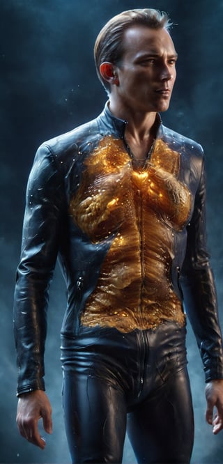 (super clear picture quality:1.8), masterpiece, best quality,
ultra-realistic mix fantasy, a man ((wearing an unzipped open leather jacket, vertical unzipped body, revealing an inner honeycomb pattern and a heart made of honeycomb:4)), symmetrical, Photorealistic, Hyperrealistic, Hyperdetailed, analog style, upper body shot, detailed skin, matte skin, soft lighting, subsurface scattering, realistic, heavy shadow, masterpiece, best quality, ultra realistic, 8k, golden ratio, Intricate, High Detail, film photography, soft focus in the style of dark azure and light azure, mixes realistic and fantastical elements, vibrant manga, uhd image, glassy translucence, vibrant illustrations, ultra realistic, mysterious, fantasy, very detailed, high resolution, sharp, sharp image, 4k, 8k, magic effect, (high contrast:1.4), dream art, diamond, mysterious colorful background, dark blue themes, real, holographic, holographic metal, machine, seethrough, glass art, magical holographic glow,xray,tranzp