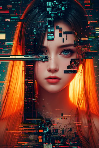 highly detailed, High Quality, Masterpiece, beautiful, Glitch, glitch, Solo, Girlfriend, Beautiful woman with orange dress,Glitching