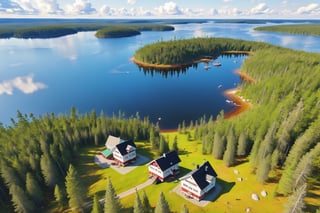 (Best quality at best, 4K, 8K, A high resolution, masterpiece:1.2), absurdres,high resolution,sharp focus,depth of field,ray tracing,spectacular,more_details, sunshine, windy, bright colors, rich palette, Finland lakes, multiple small islands with picturesque houses, lush nature, pine forest, view from above,detailed_background,