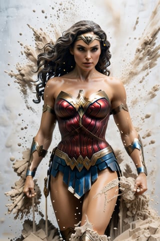 ultra detailed shot of a sculpture made of stone and sand in a beautiful Wonder Woman shape, monotone, dust explosion, motion effects, white dust, dissolving into pixels, studio lights, ultra sharp focus, high speed shot, soft colors,dissolving into pixels
