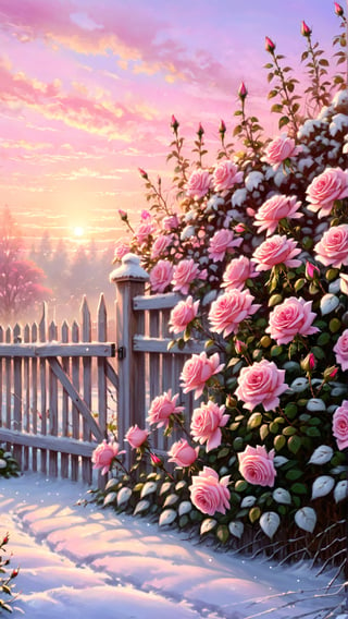 masterpiece, best quality, [detailed], [intricate], digital painting, Pink roses grow in the snow near the fence, roses in cinematic light, Beautiful and aesthetic, with soft bushes, beautiful aesthetic, Rose garden, pink golden hour, rosette, rosses, with soft pink colors, beutifull, at gentle dawn pink light, beautiful flowers growing, floral sunset, beautiful morning, Pink flowers, light pink tonalities, Beautiful flowers