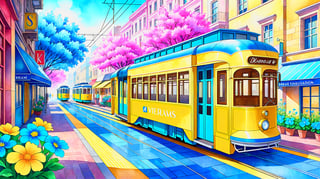 blue sidewalks, blue flowers, bright yellow trams, pink dreams, it’s like it’s drawn with chalk on the wall, this city is the best city on Earth, watercolor style, watercolor, intricate detail, retro style, bright colors, light background, hand-drawn, 4K resolution, centered