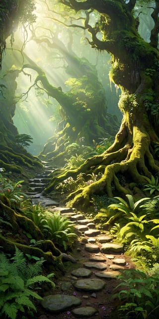 (Extremely detailed CG unity 8k wallpaper),(((Masterpiece))), (((Best Quality))), ((Ultra-detailed)), (Best Illustration),(best shadows), ((an extremely delicate and beautiful)),Masterpiece, best quality, 8K, high res, ultra-detailed,  amongst lush greenery, adorned by vibrant flowers, no humans, beautiful view, ultra-detailed, fine detailed, highly detailed, intricate, highly detailed, ultra-detailed, scenery, no humans, misty atmosphere, solitary, intricate details, delicate features, verdant trees, soft moss, deep forest, intricate leaves and vines, wisps of light, verdant green, ,wild nature oil painting,