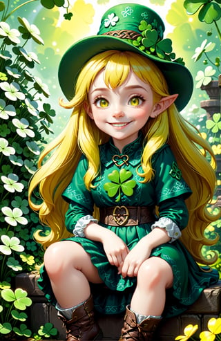 (best quality:1.3),(best masterpiece:1.3),super fine illustration,vibrant colors,official art,8k wallpaper,(((masterpiece))), (((best quality))), ((ultra-detailed)), (illustration), (detailed light),((an extremely delicate and beautiful)), (solo dwarf girl), smiling, (yellow-color hair, hair over eyes:1.3), sitting, wariza, holding a shamrock, (wearing oversized pointed hat with a Celtic shamrock pattern), (wearing yellow-green dwarf clothes), (shamrocks garden),cute doodle,IMGFIX,disney pixar style